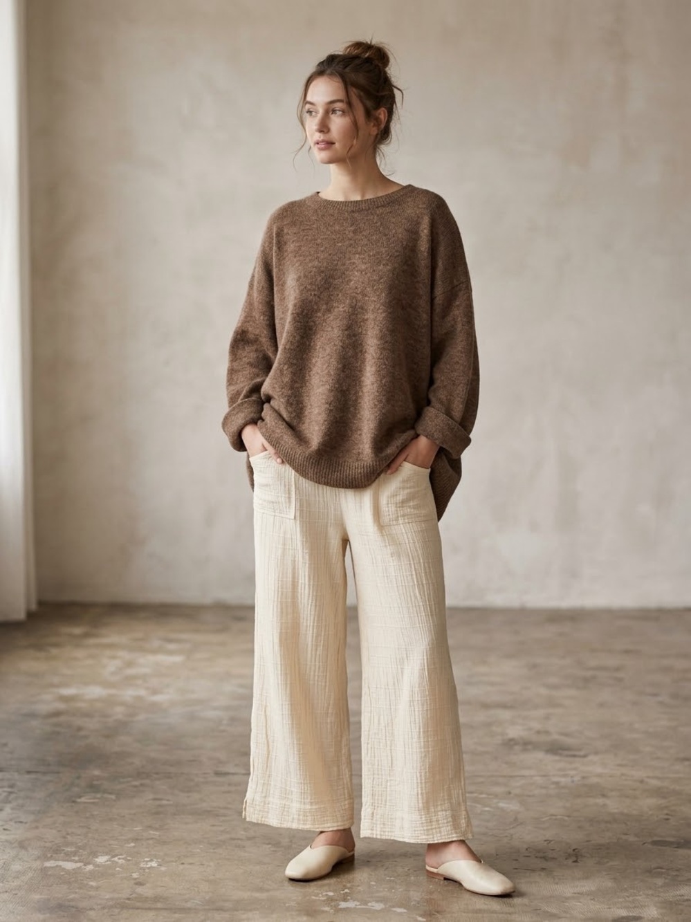 EZZE WEAR Vintage 100% Cotton Wide Leg Pants Cream Sz Small Coastal Neutral